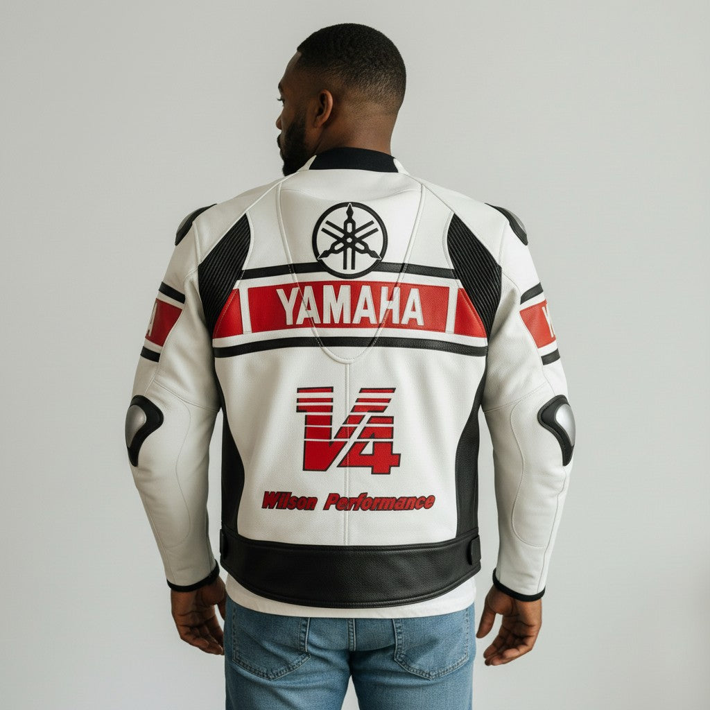 Person wearing a Yamaha rz500 motorcycle jacket on a plain background