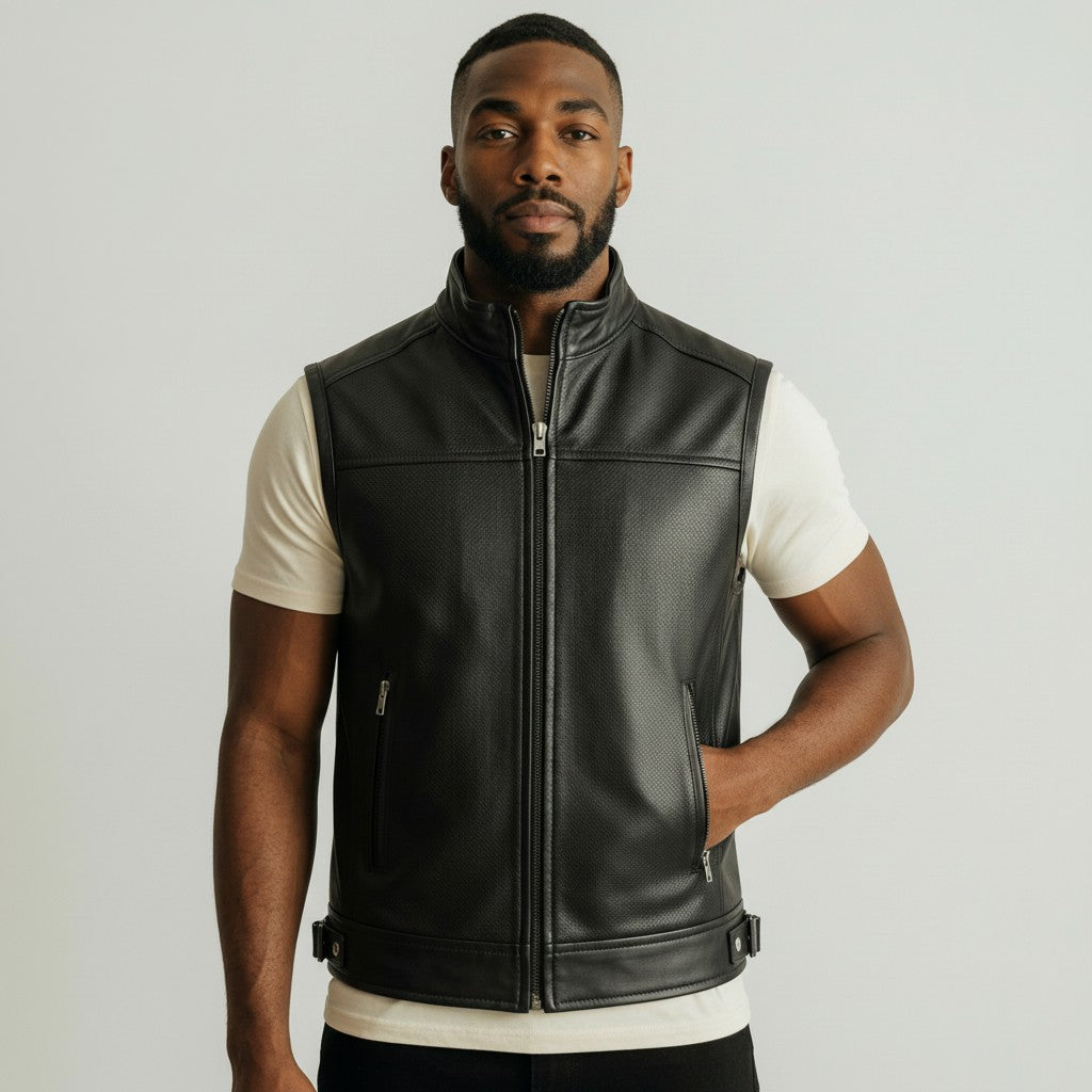 Black Leather Biker Vest for men