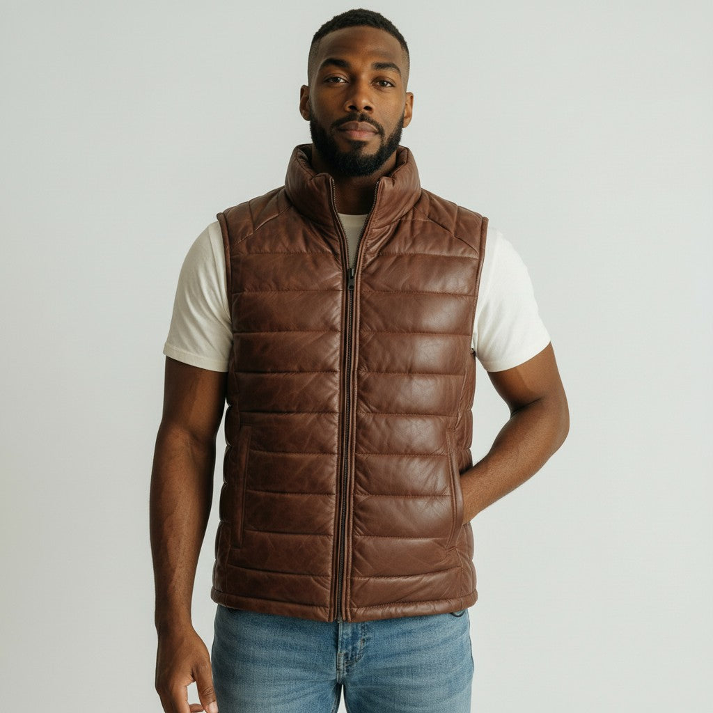 Brown Leather Men's Puffer Vest Jacket