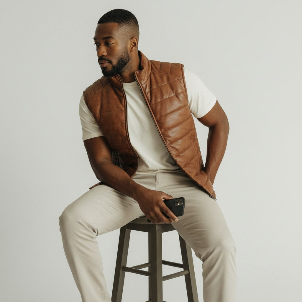 Genuine Leather Puffer Vest Brown