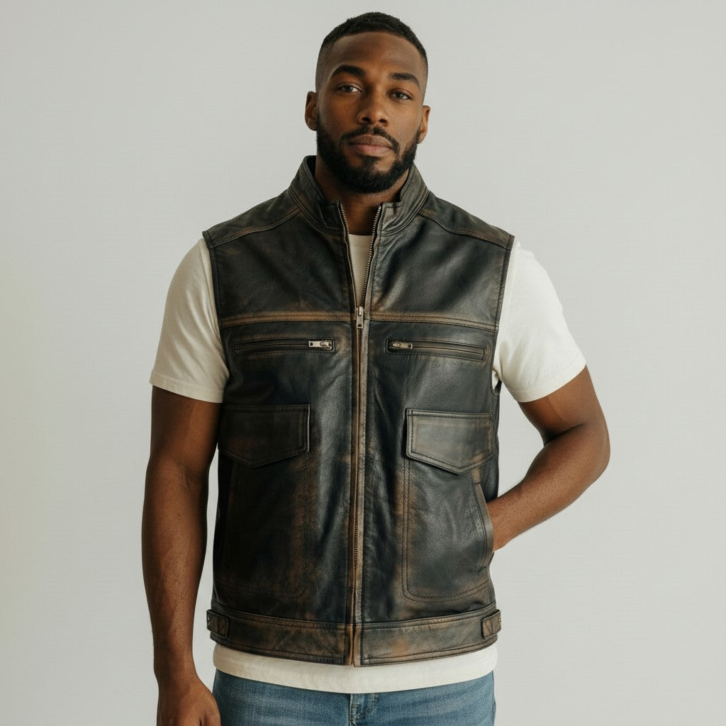 Distressed Genuine Leather Motorcycle vest