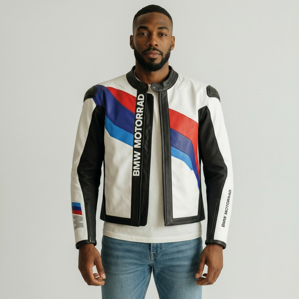Man wearing a BMW Motorrad jacket with a white background
