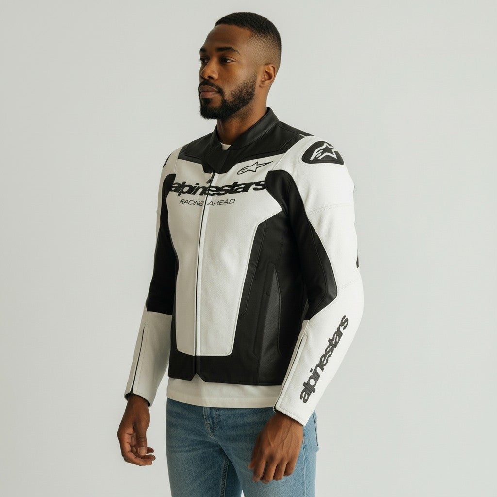 Man wearing a black and white alpinestars gp force motorcycle jacket with visible branding on a gray background