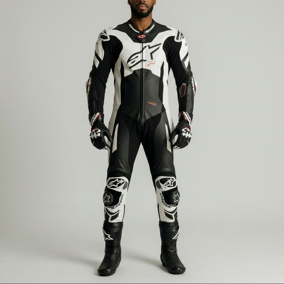 Person wearing a black and white motorcycle racing suit on a gray background