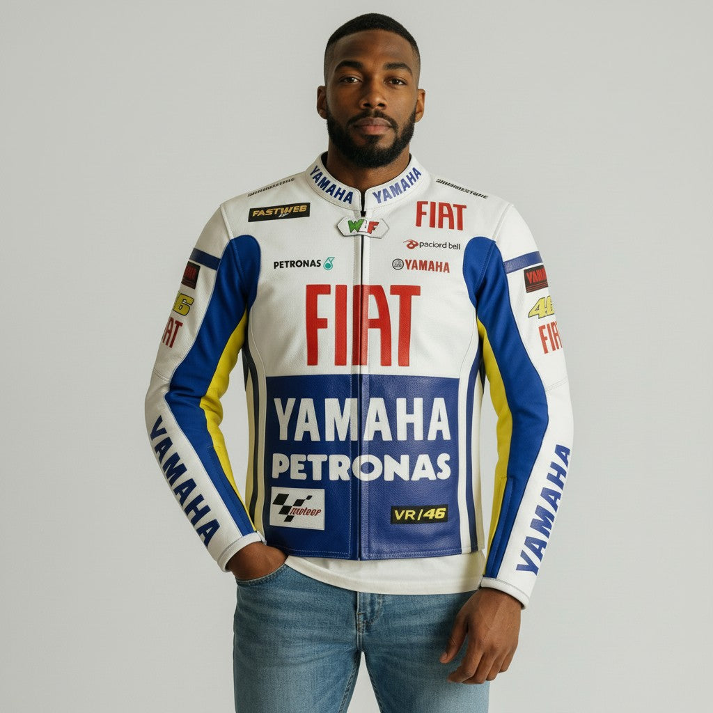 Man wearing a Yamaha Petronas Fiat racing jacket on a gray background