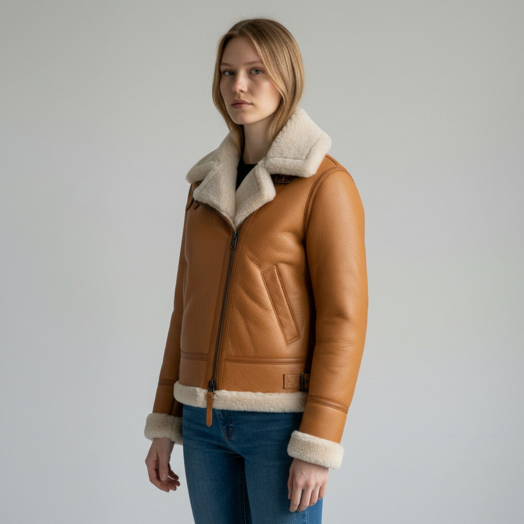 Women's Tan Shearling Bomber Leather jacket