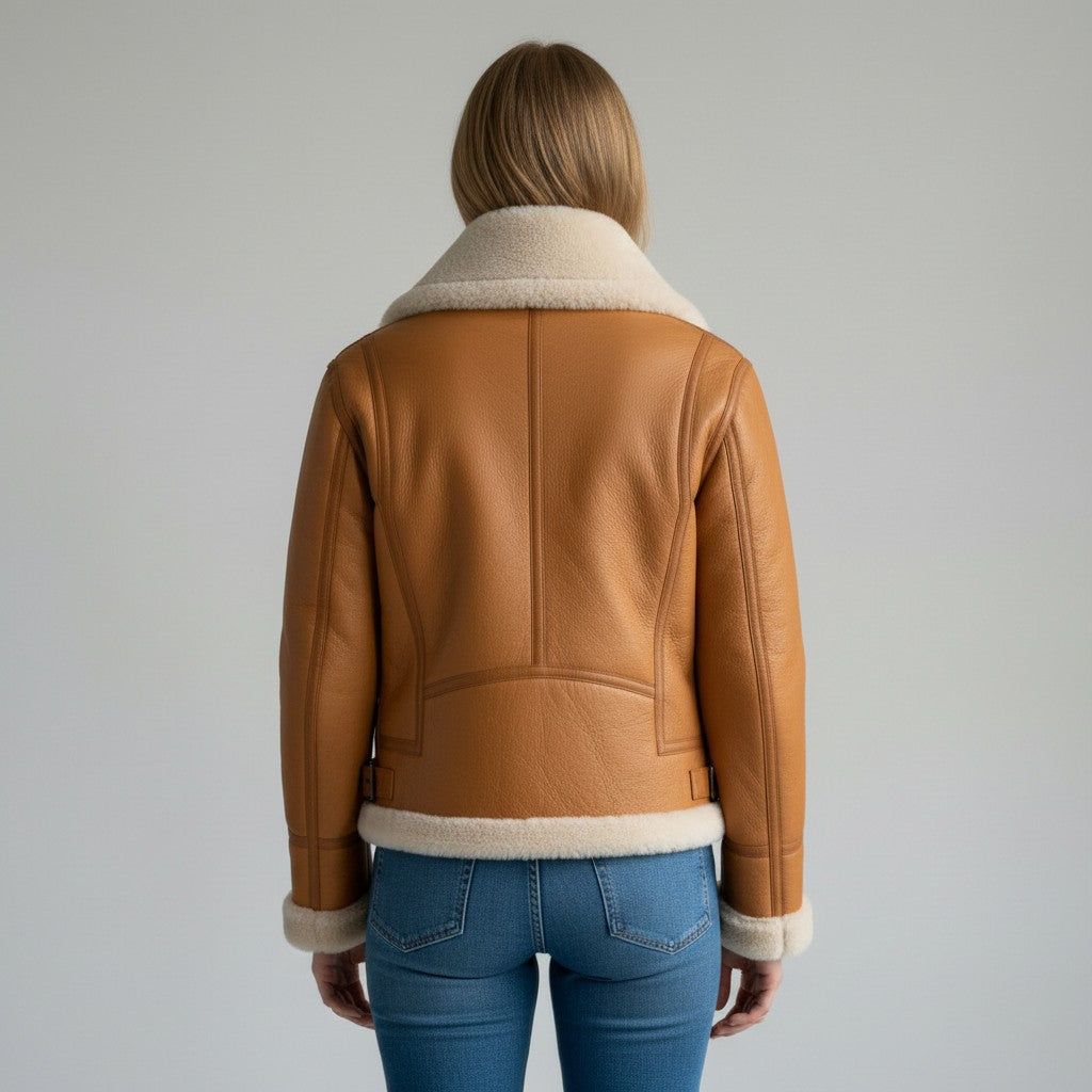 Women's Tan Shearling Bomber Leather jacket
