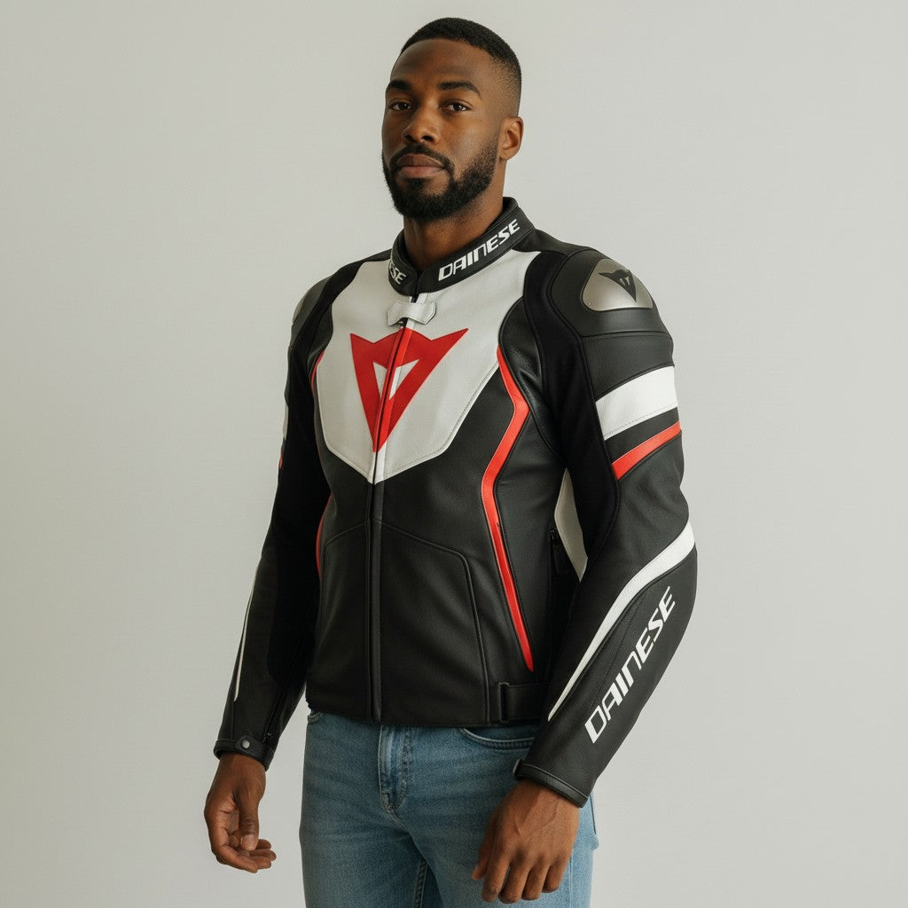 Man wearing a Dainese motorcycle jacket on a gray background
