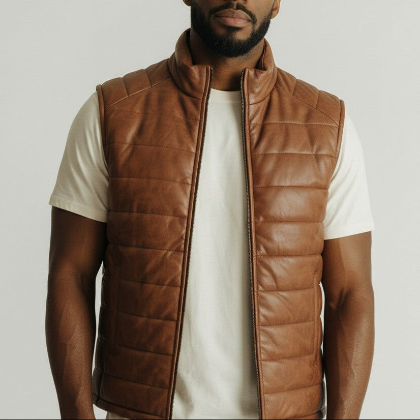 Genuine Leather Puffer Vest Brown