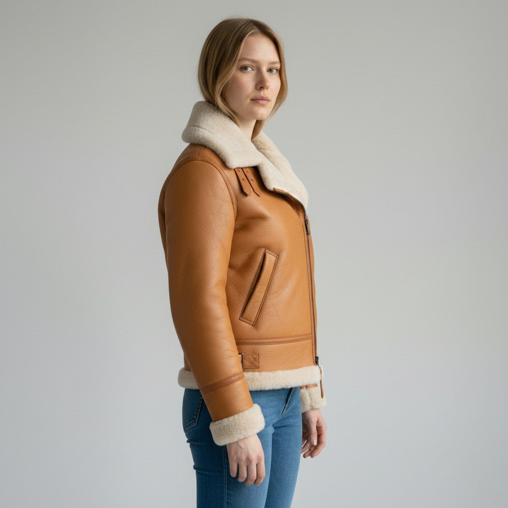 Women's Tan Shearling Bomber Leather jacket