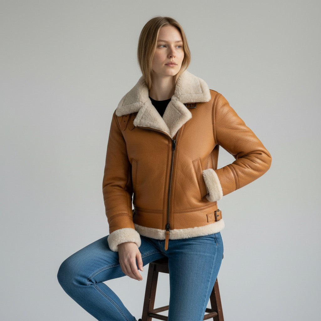 Women's Tan Shearling Bomber Leather jacket