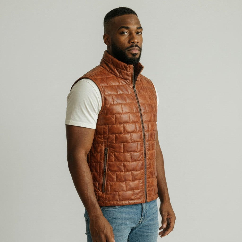 Brown Leather Puffer Vest