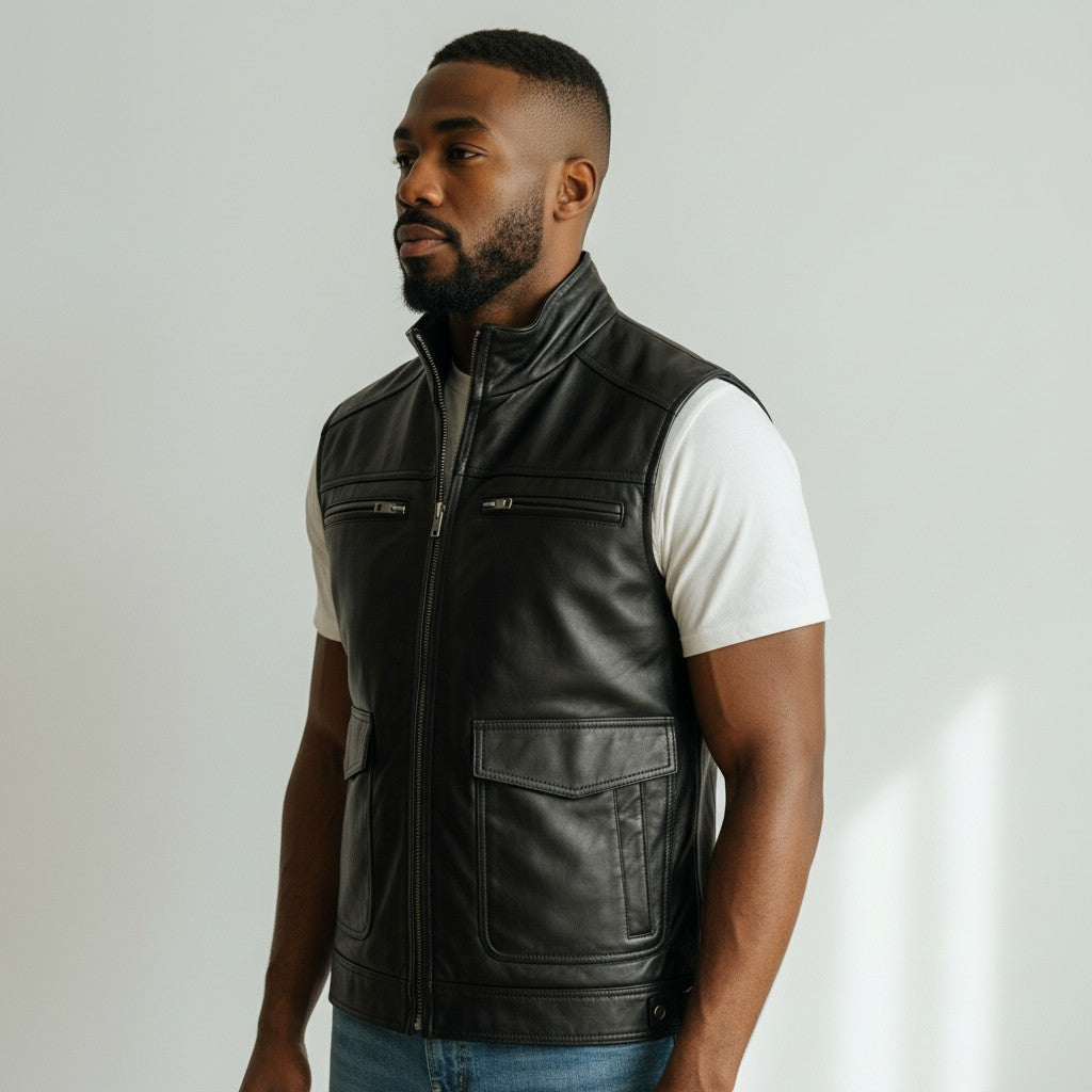 Black Leather Biker Vest for men
