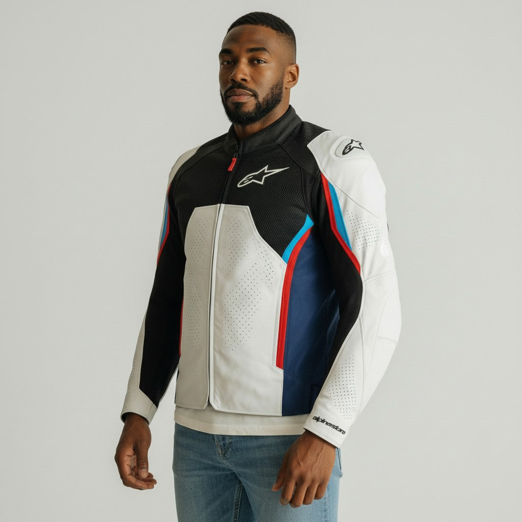 Man wearing a black, white, and blue alpinestars ast v3 air jacket with a brand logo on a gray background