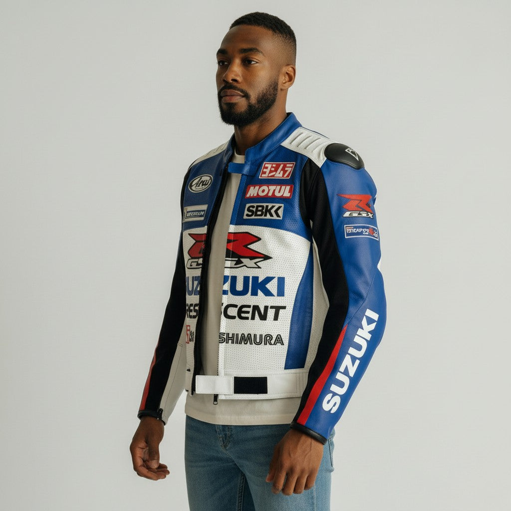 Person wearing a Suzuki GSX-R motorcycle jacket with various brand logos on a plain background