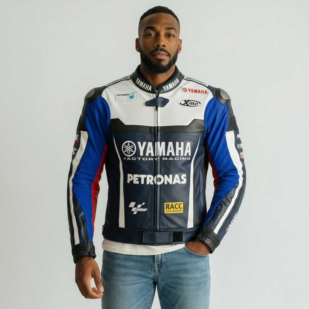 Person wearing a Yamaha Factory Racing Petronas jacket on a plain background