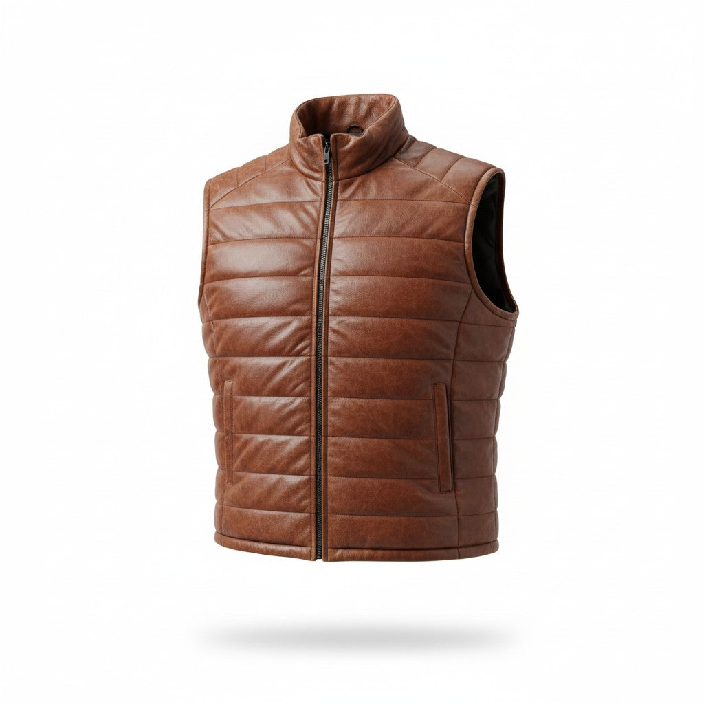 Genuine Leather Puffer Vest Brown