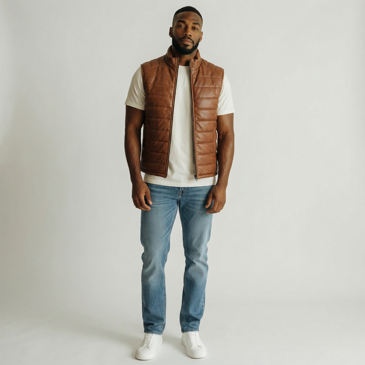 Genuine Leather Puffer Vest Brown
