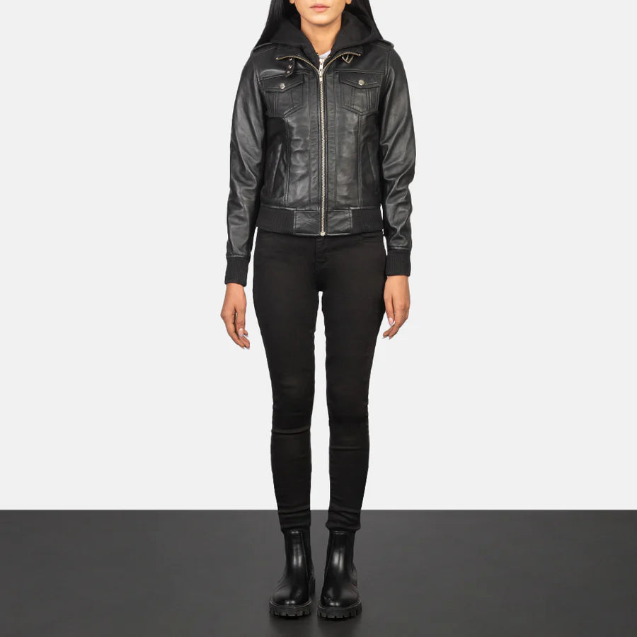 Women's Black Hooded Leather Bomber Jacket