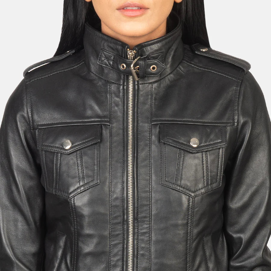 Women's Black Hooded Leather Bomber Jacket