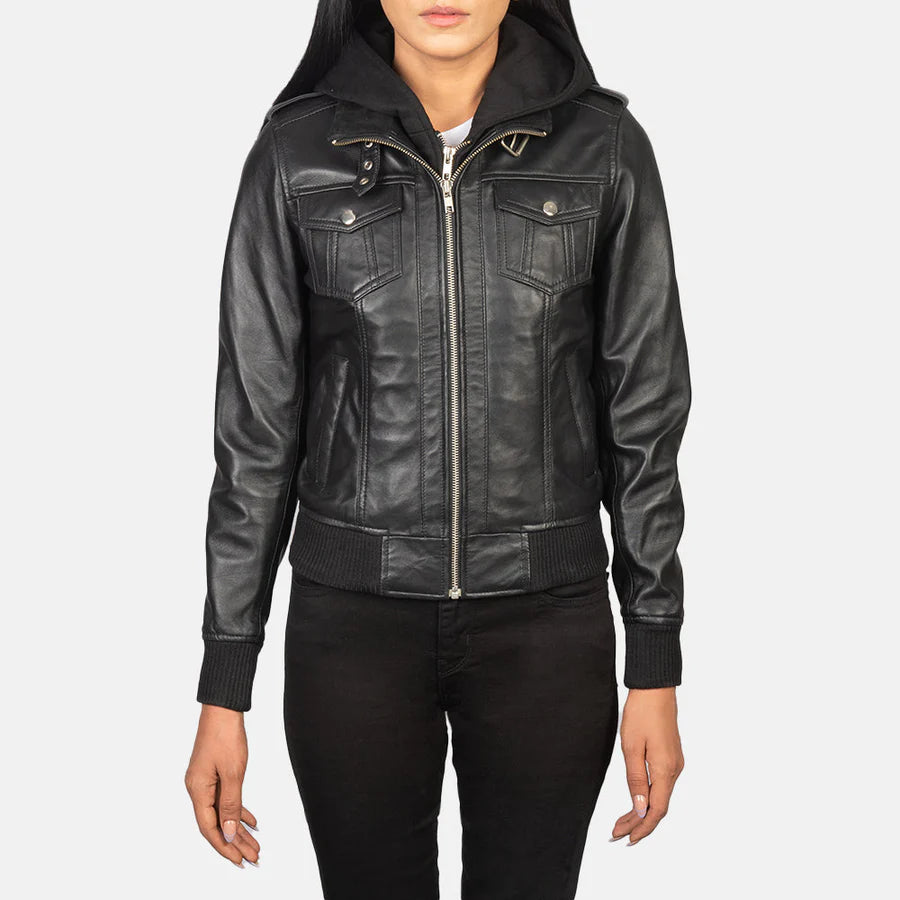 Women's Black Hooded Leather Bomber Jacket