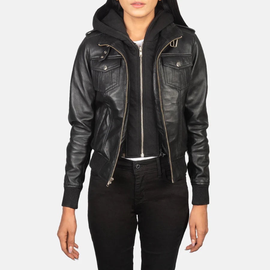Women's Black Hooded Leather Bomber Jacket
