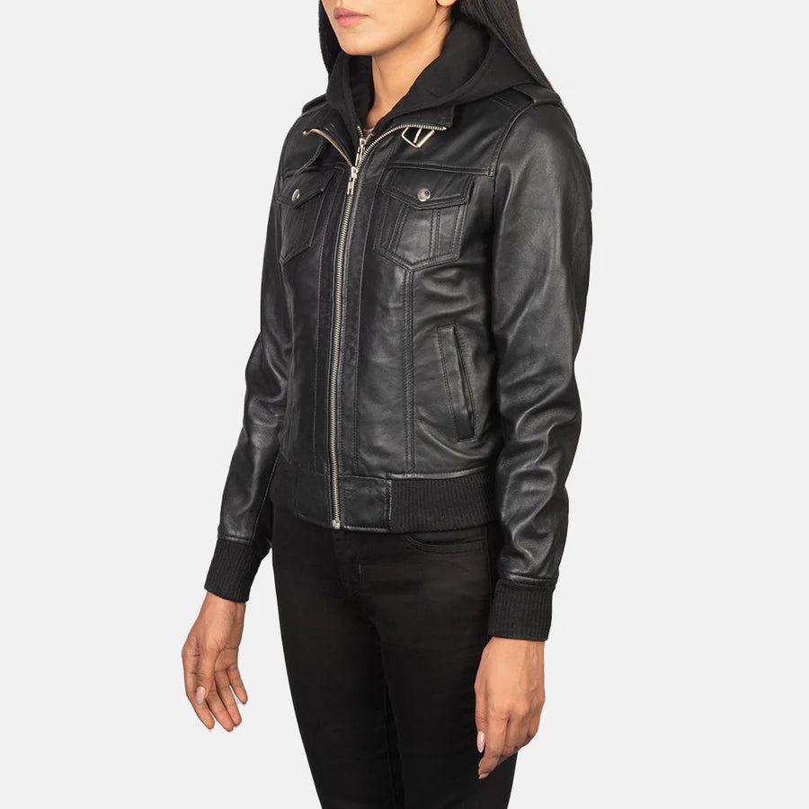 Women's Black Hooded Leather Bomber Jacket