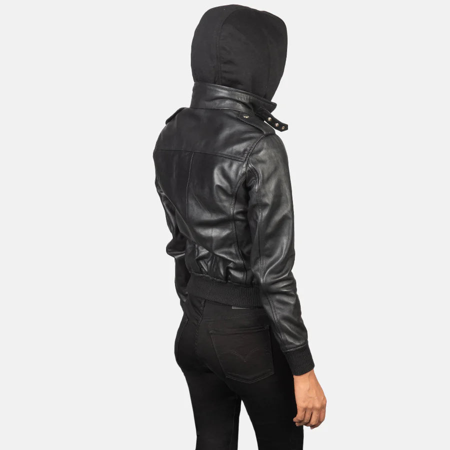 Women's Black Hooded Leather Bomber Jacket