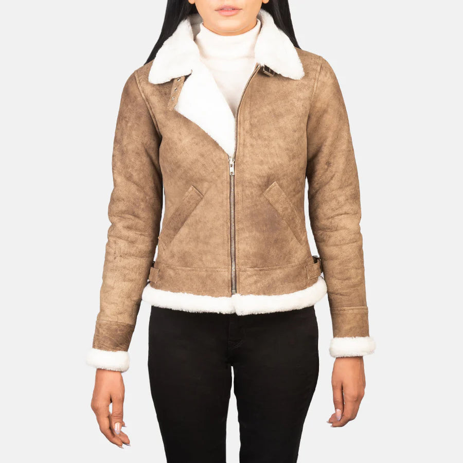 Women's B-3 Distressed Brown Leather Bomber Jacket