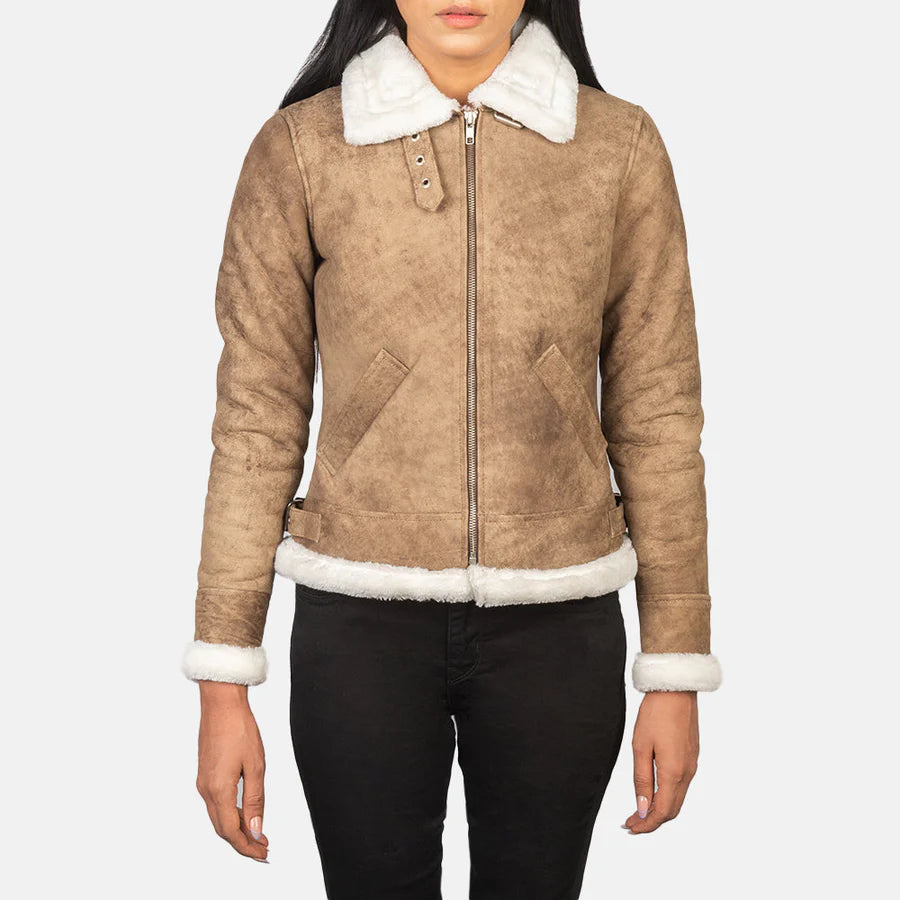 Women's B-3 Distressed Brown Leather Bomber Jacket