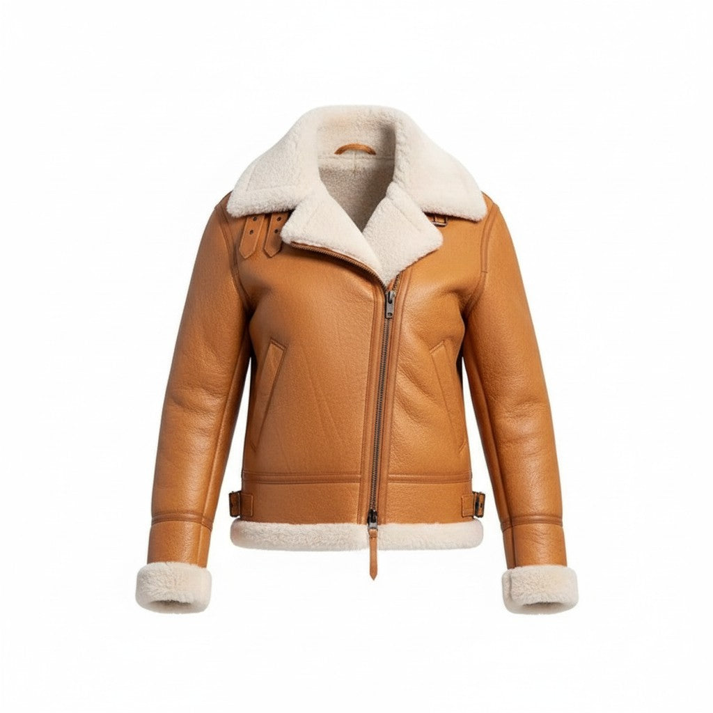 Women's Tan Shearling Bomber Leather jacket