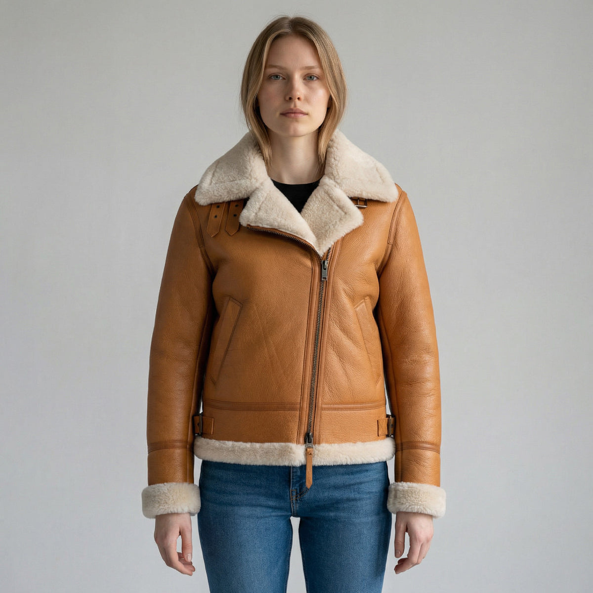 Women's Tan Shearling Bomber Leather jacket
