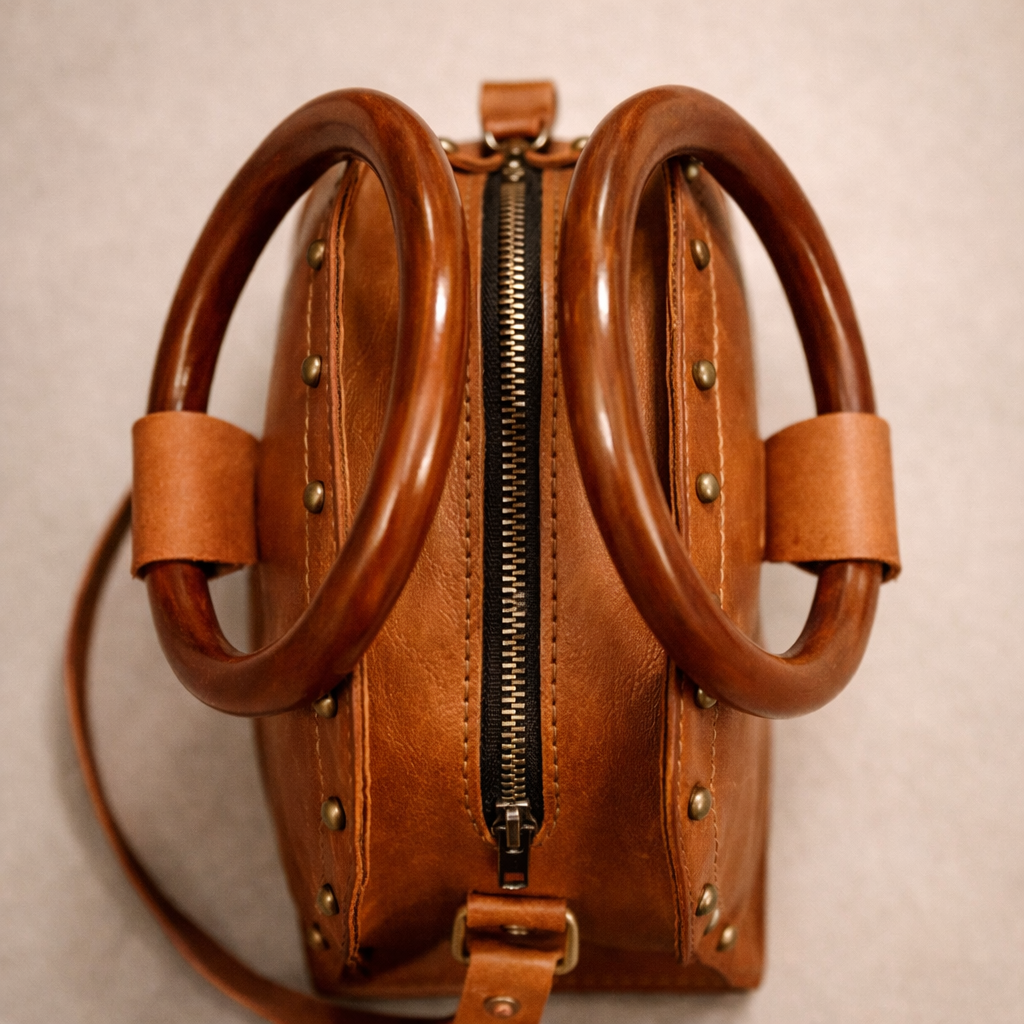 Wooden Handle Ladies Leather Hand Bag