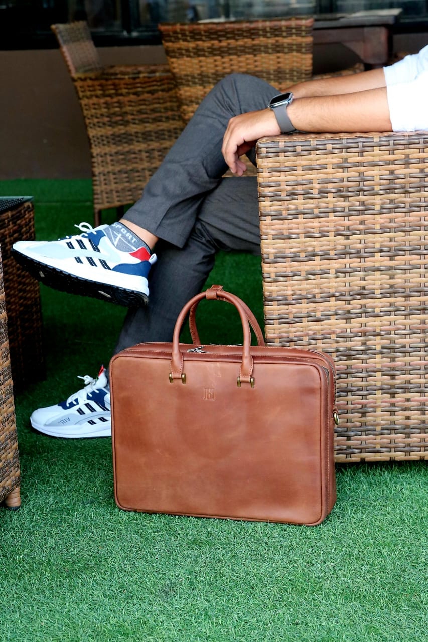 Double compartment leather laptop bag, leather file organizer bag