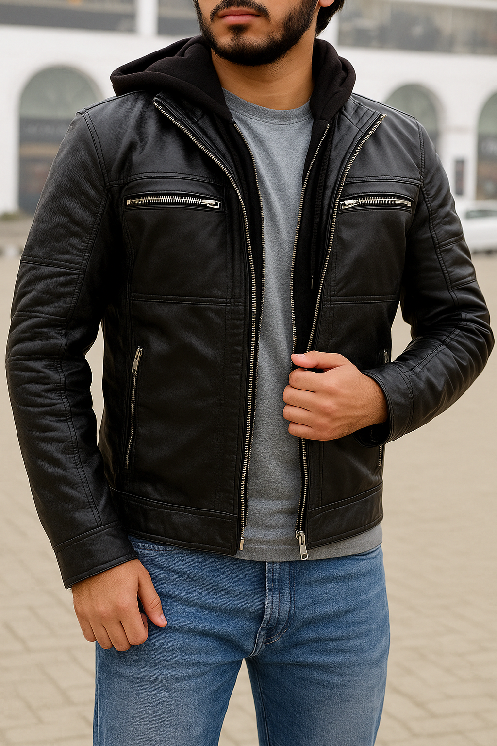 Hooded black leather jacket for men&#39;s, removable hood jacket