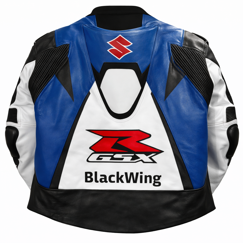 Motorcycle jacket with Suzuki GSX BlackWing logo on a white background