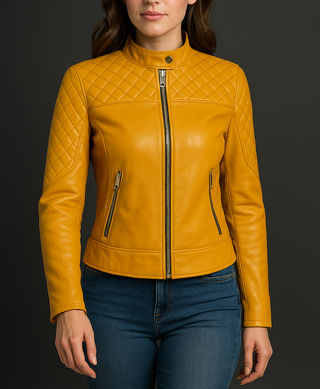 Yellow classic women&#39;s leather jacket