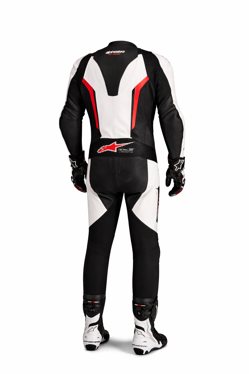 Motorcycle racing suit with black, white, and red design on a white background
