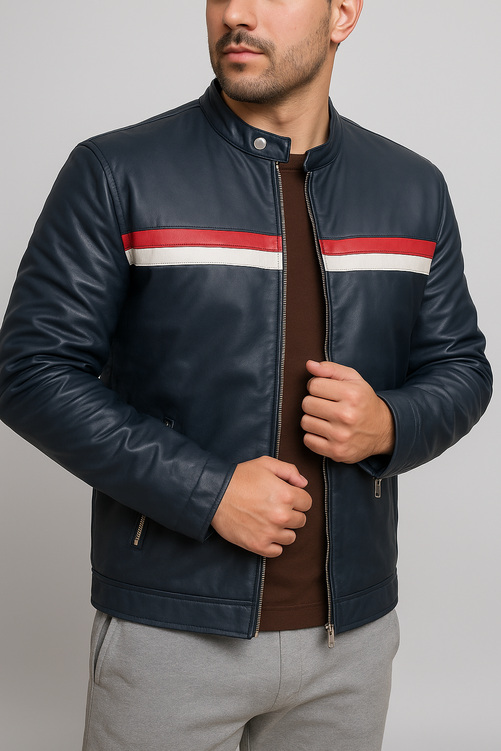 Blue leather jacket for men&#39;s with race winning line