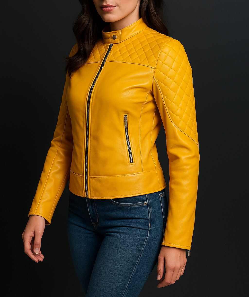 Yellow classic women&#39;s leather jacket