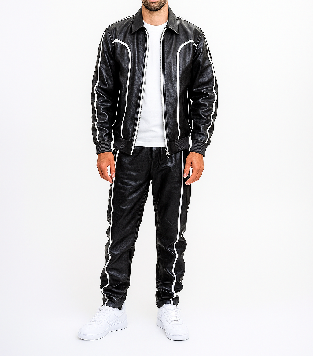 Men's Black Leather Track Suit Sweatsuit