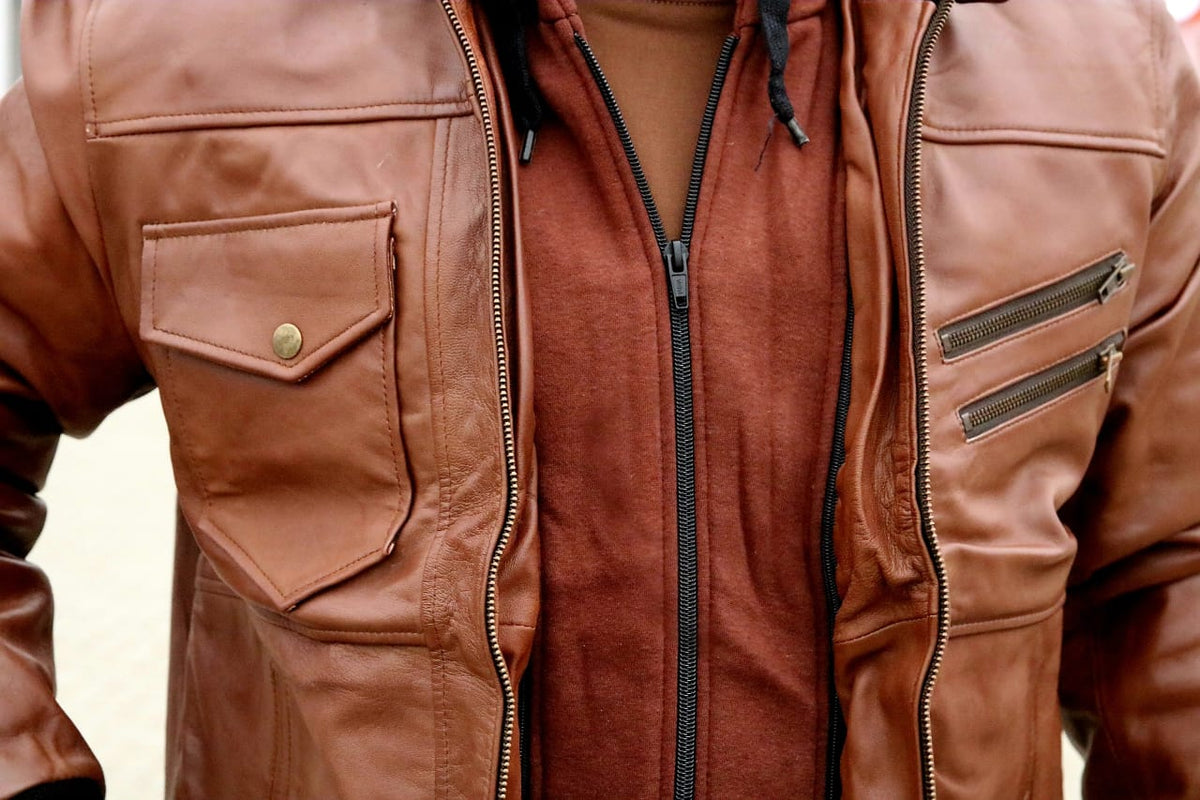 Hooded brown leather biker jacket for men&#39;s
