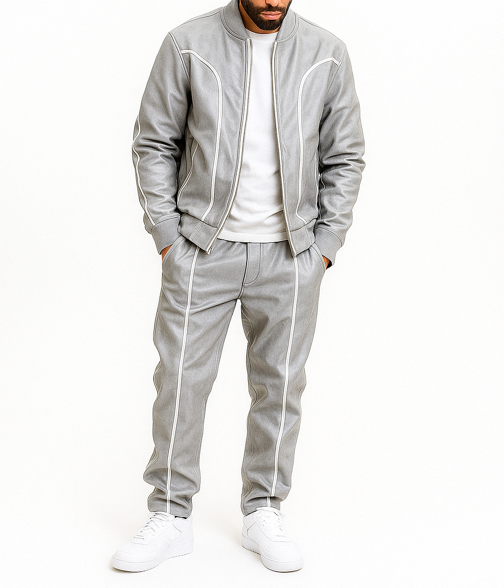 Men's Grey Leather Track Suit Sweatsuit