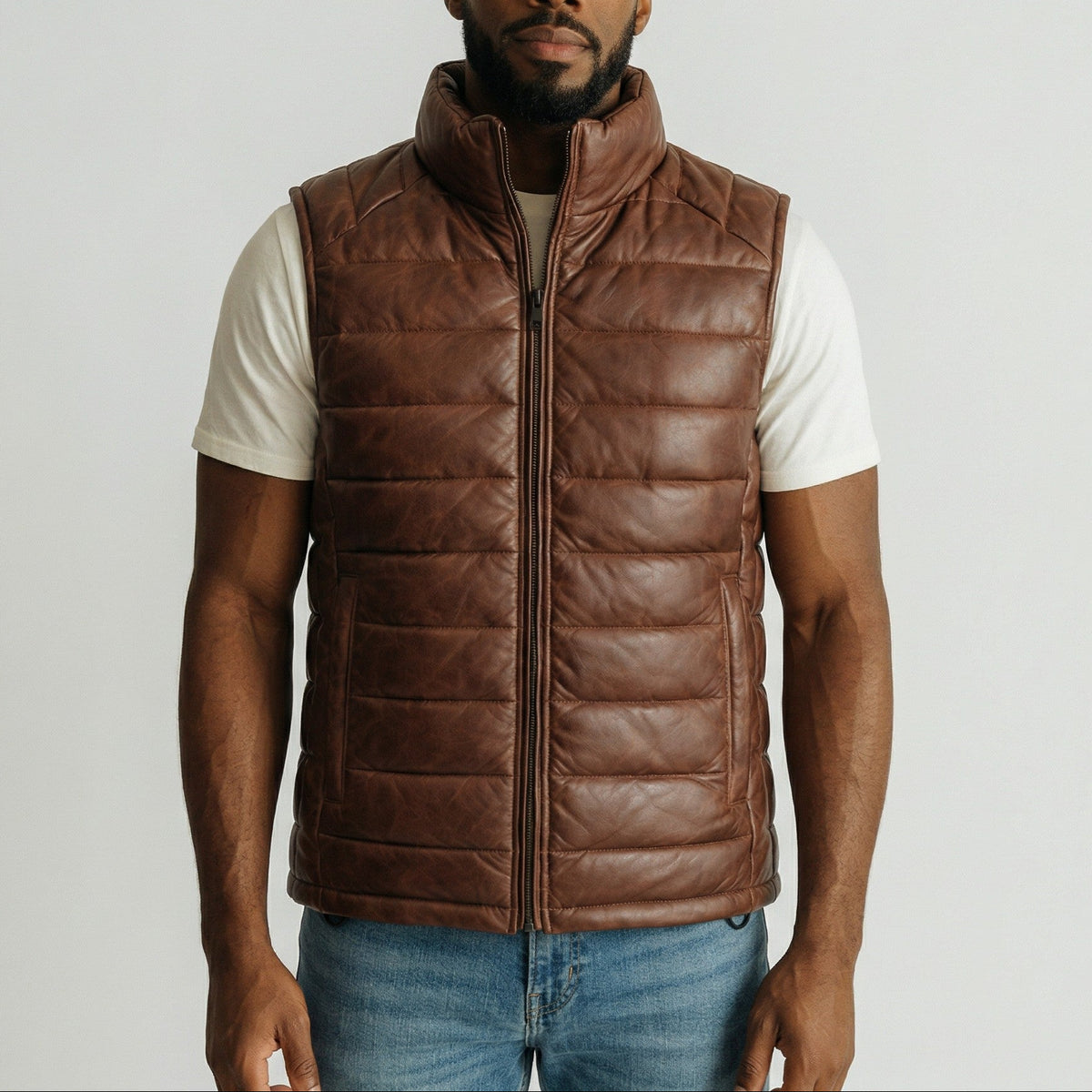 Brown Leather Men's Puffer Vest Jacket