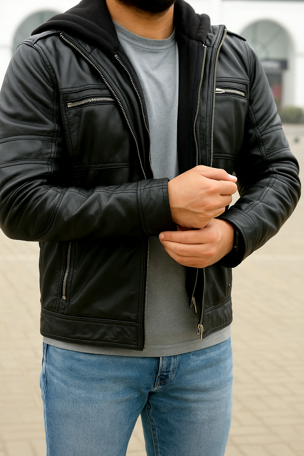 Hooded black leather jacket for men&#39;s, removable hood jacket
