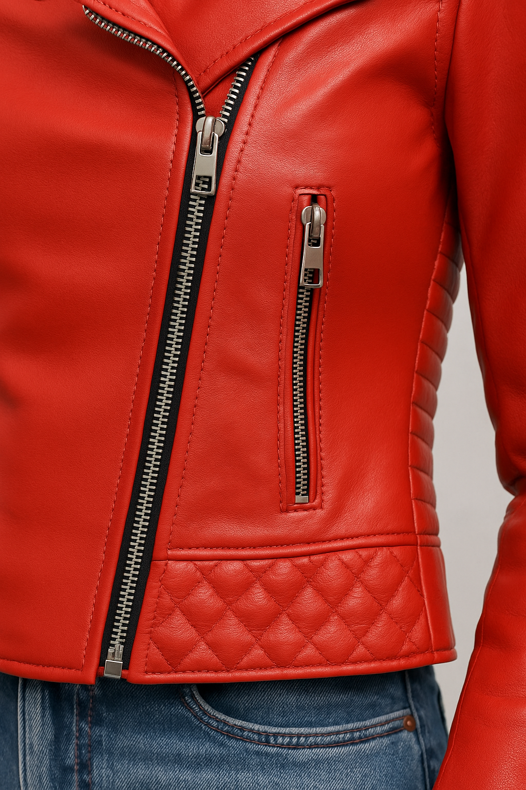 Women Boda Style Quilted Red Biker Leather Jacket