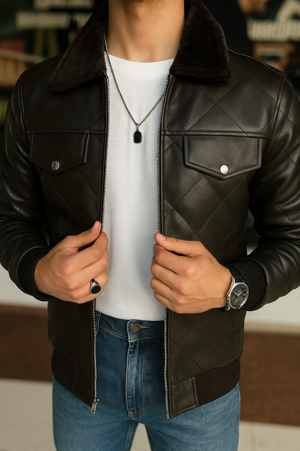 Lamb Skin Leather Puffer Jacket | Dark Brown Premium jacket for men