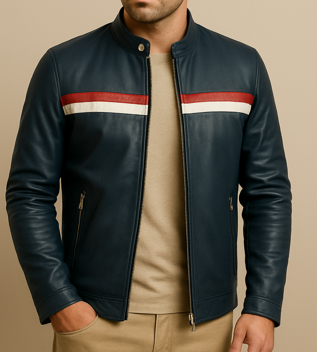 Blue leather jacket for men&#39;s with race winning line