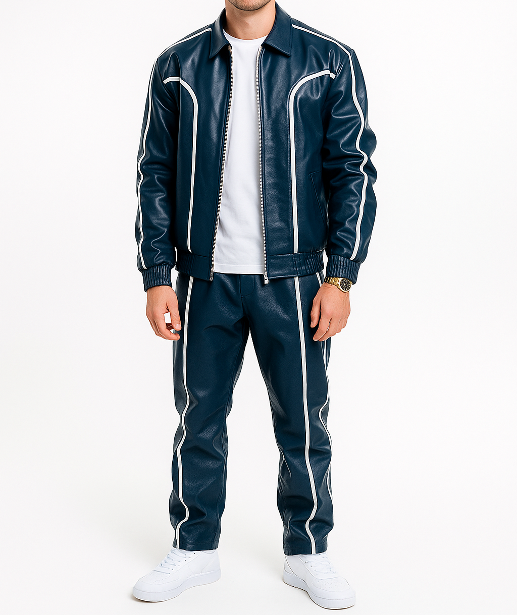 Men's Blue Leather Track Suit Sweatsuit