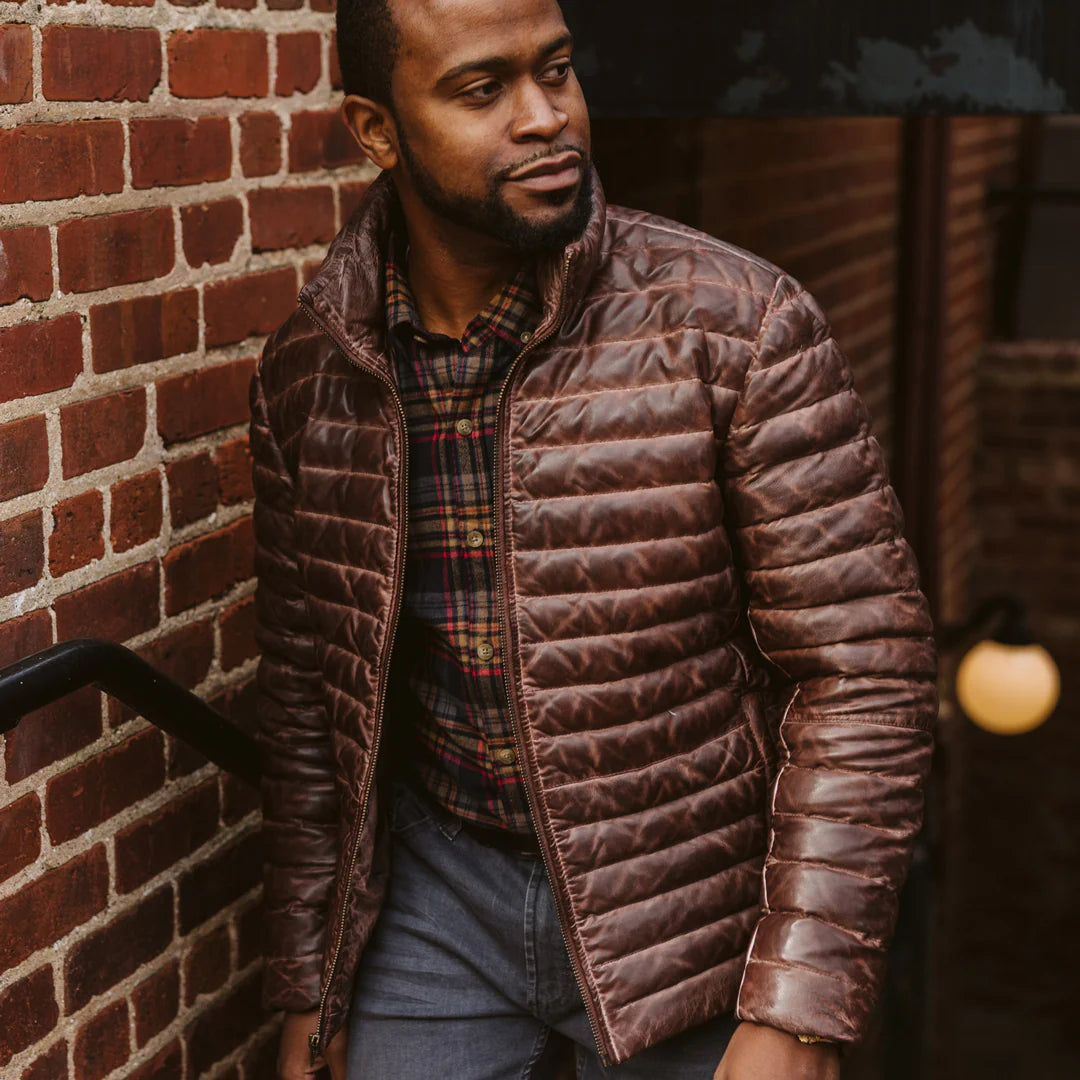 Brown Leather puffer jacket